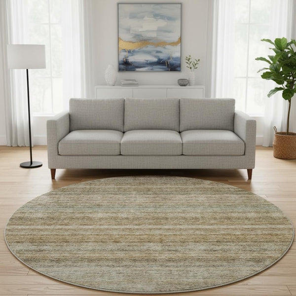 HomeRoots 8' Copper Gray and Beige Striped Washable Round Rug with UV Protection for Homes with Kids & Pets 688048