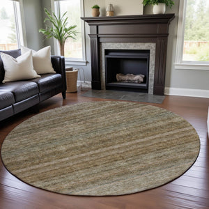 HomeRoots 8' Copper Gray and Beige Striped Washable Round Rug with UV Protection for Homes with Kids & Pets 688048