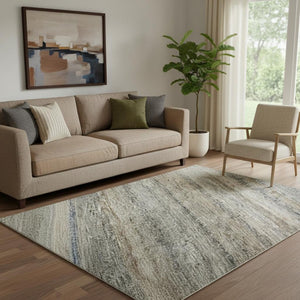 HomeRoots 5' X 8' Stylish Taupe Beige & Blue Striped Washable Area Rug with UV Protection for Busy Homes 688053