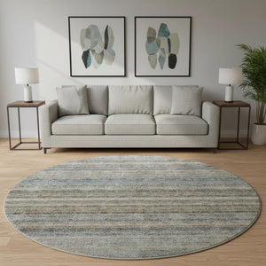 HomeRoots 8' Washable Round Area Rug in Taupe Beige and Blue Stripes - UV Protection, Durable, Easy Care Design 688054