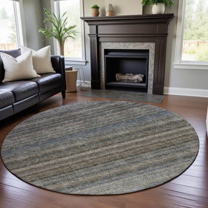 HomeRoots 8' Washable Round Area Rug in Taupe Beige and Blue Stripes - UV Protection, Durable, Easy Care Design 688054