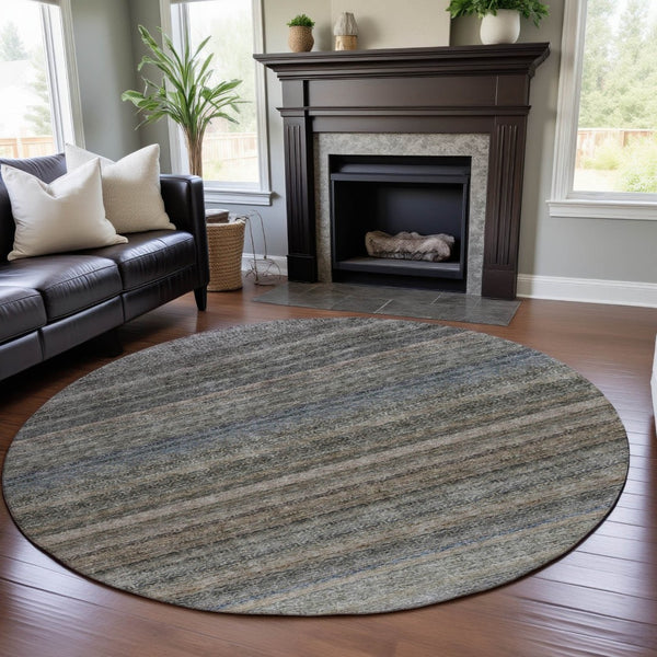 HomeRoots 8' Washable Round Area Rug in Taupe Beige and Blue Stripes - UV Protection, Durable, Easy Care Design 688054