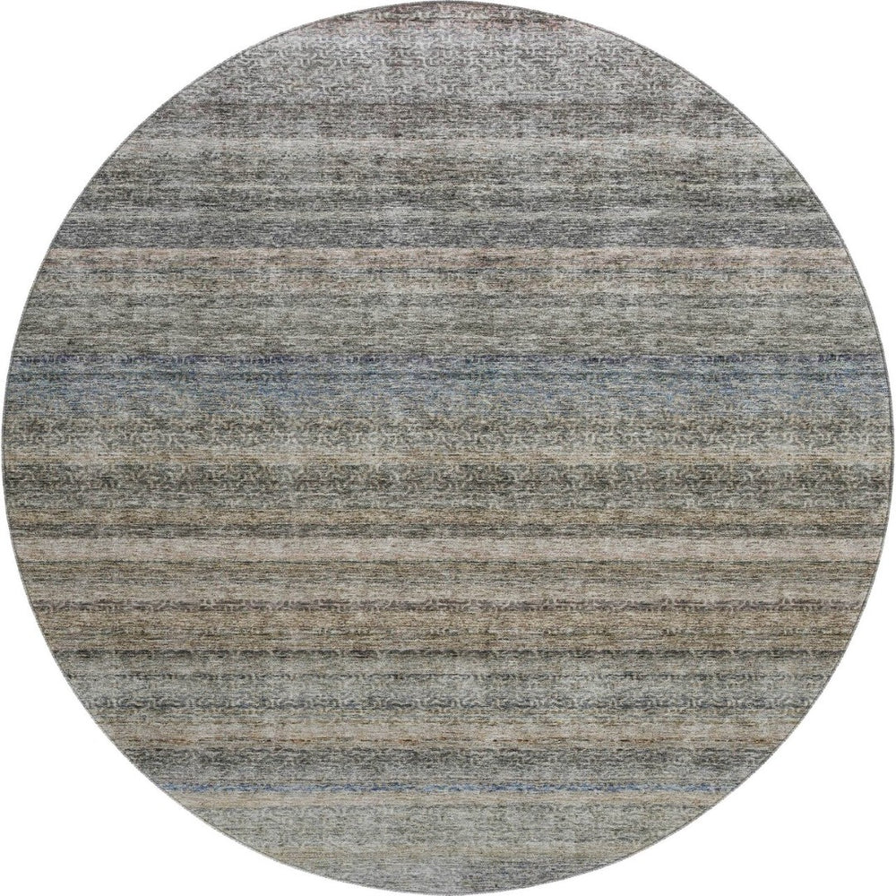 HomeRoots 8' Washable Round Area Rug in Taupe Beige and Blue Stripes - UV Protection, Durable, Easy Care Design 688054