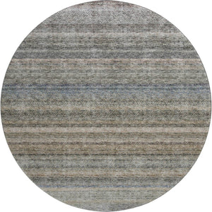 HomeRoots 8' Washable Round Area Rug in Taupe Beige and Blue Stripes - UV Protection, Durable, Easy Care Design 688054