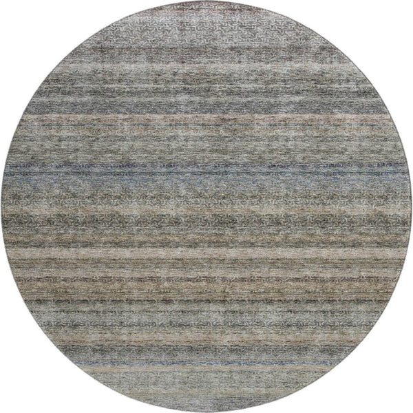 HomeRoots 8' Washable Round Area Rug in Taupe Beige and Blue Stripes - UV Protection, Durable, Easy Care Design 688054