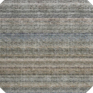 HomeRoots 8' Washable Round Area Rug in Taupe Beige and Blue Stripes - UV Protection, Durable, Easy Care Design 688054
