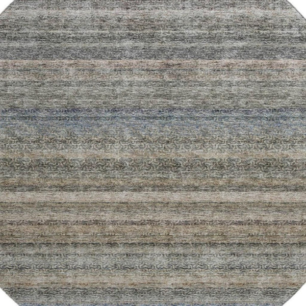 HomeRoots 8' Washable Round Area Rug in Taupe Beige and Blue Stripes - UV Protection, Durable, Easy Care Design 688054
