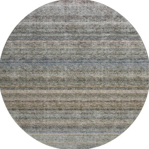 HomeRoots 8' Washable Round Area Rug in Taupe Beige and Blue Stripes - UV Protection, Durable, Easy Care Design 688054