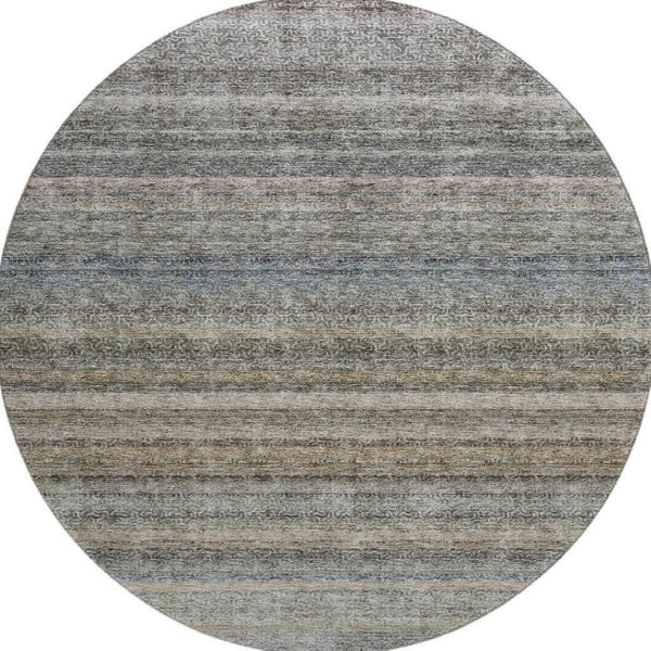 HomeRoots 8' Washable Round Area Rug in Taupe Beige and Blue Stripes - UV Protection, Durable, Easy Care Design 688054