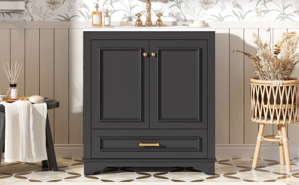 English Elm 30" Elegant Bathroom Vanity with Ceramic Sink, French-Inspired Compact Cabinet with Drawer & Shelf Black N710P317676B