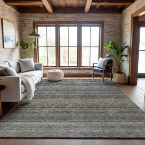 HomeRoots 10' X 14' Stylish Taupe Beige & Blue Striped Washable Area Rug with UV Protection & Stain Resistance 688057