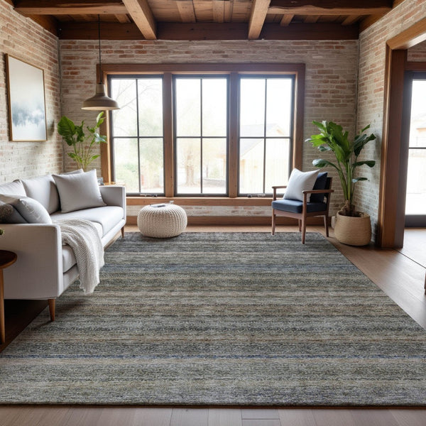 HomeRoots 10' X 14' Stylish Taupe Beige & Blue Striped Washable Area Rug with UV Protection & Stain Resistance 688057