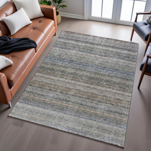 HomeRoots 10' X 14' Stylish Taupe Beige & Blue Striped Washable Area Rug with UV Protection & Stain Resistance 688057