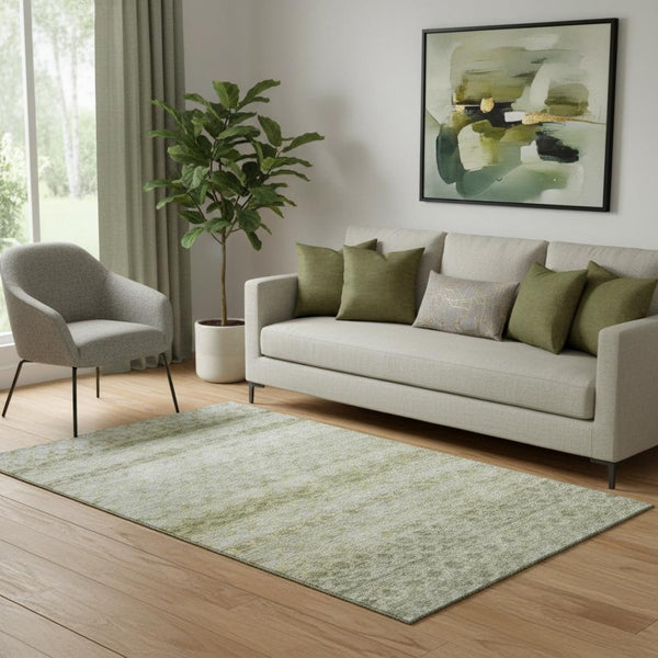 HomeRoots 5' Stylish Artichoke Green Gray Beige Striped Washable Area Rug - Durable, UV-Protected & Easy Care! 688059