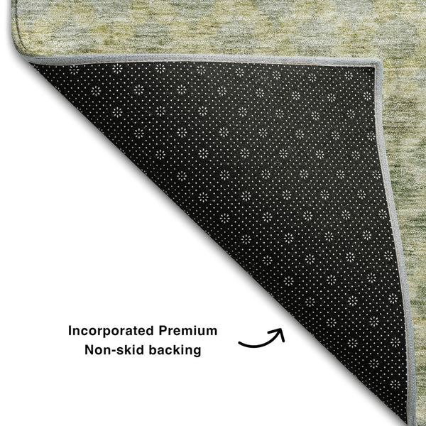 HomeRoots 5' Stylish Artichoke Green Gray Beige Striped Washable Area Rug - Durable, UV-Protected & Easy Care! 688059