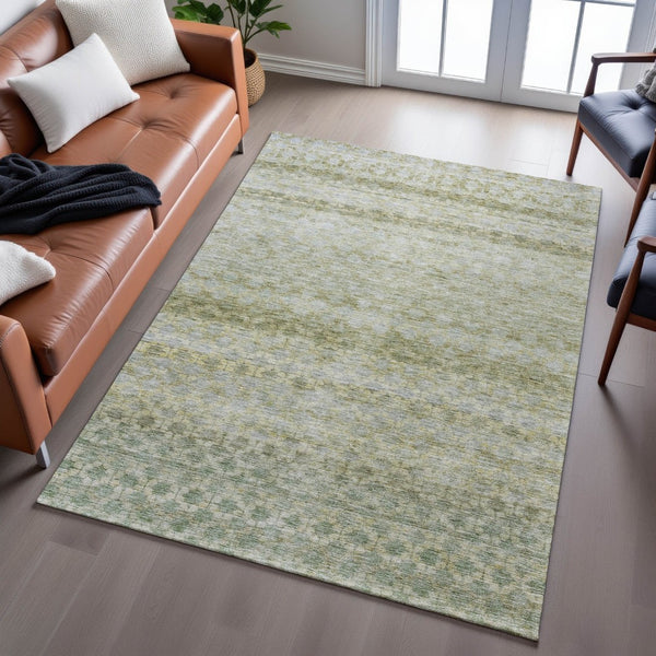 HomeRoots 5' Stylish Artichoke Green Gray Beige Striped Washable Area Rug - Durable, UV-Protected & Easy Care! 688059