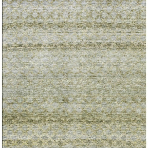 HomeRoots 5' Stylish Artichoke Green Gray Beige Striped Washable Area Rug - Durable, UV-Protected & Easy Care! 688059