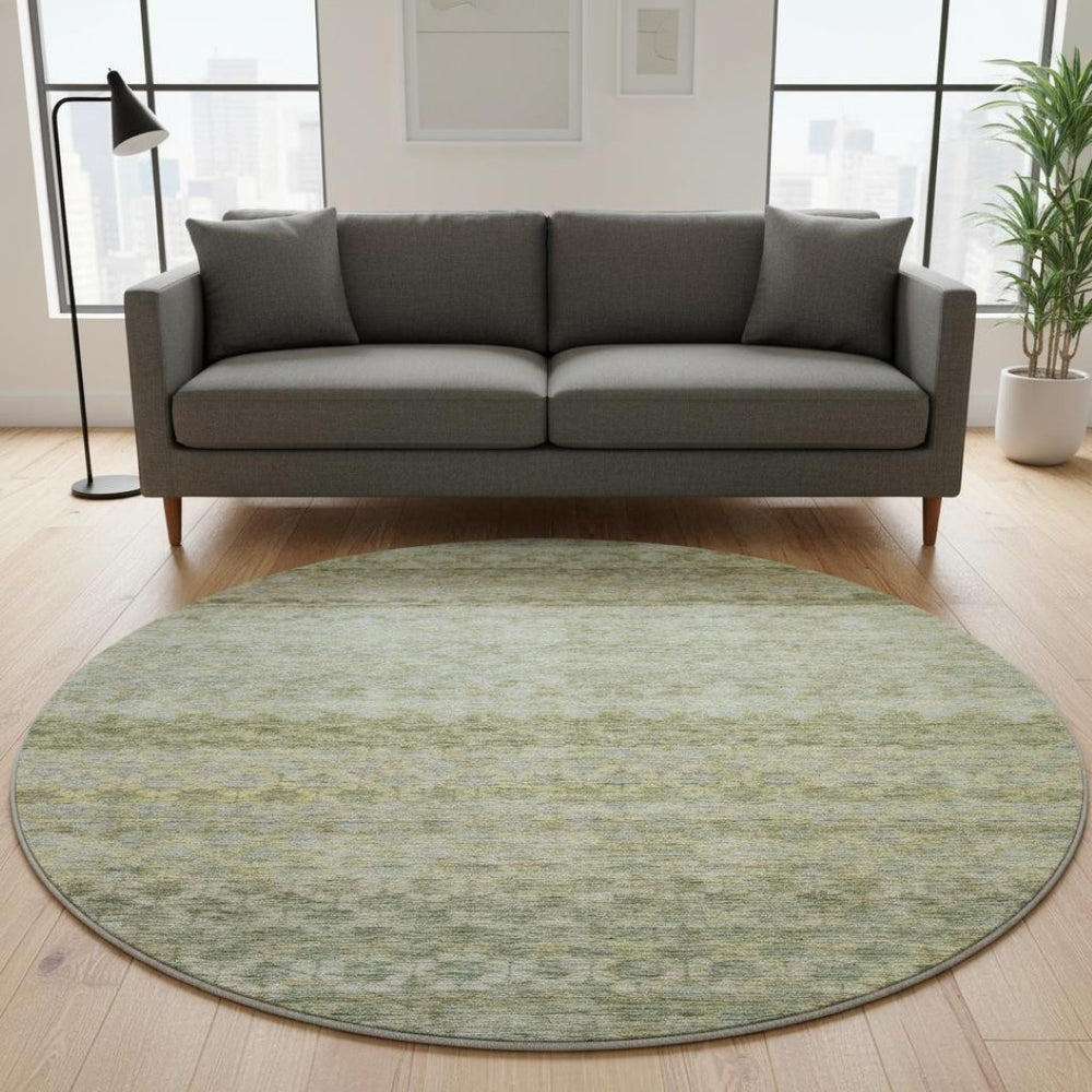 HomeRoots 8' Washable Round Rug in Artichoke Green, Gray & Beige Stripes - UV Protected, Durable & Stylish! 688060