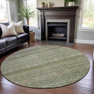 HomeRoots 8' Washable Round Rug in Artichoke Green, Gray & Beige Stripes - UV Protected, Durable & Stylish! 688060