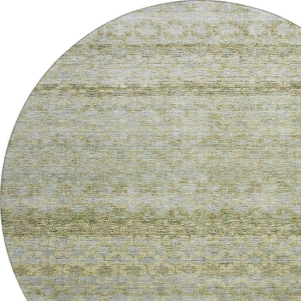 HomeRoots 8' Washable Round Rug in Artichoke Green, Gray & Beige Stripes - UV Protected, Durable & Stylish! 688060