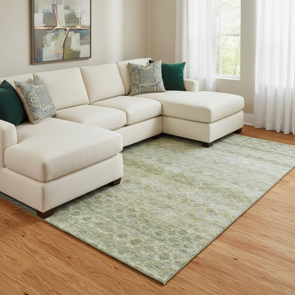 HomeRoots 8' X 10' Artichoke Green Gray Beige Striped Area Rug - Washable, UV Protected & Stylishly Durable 688061
