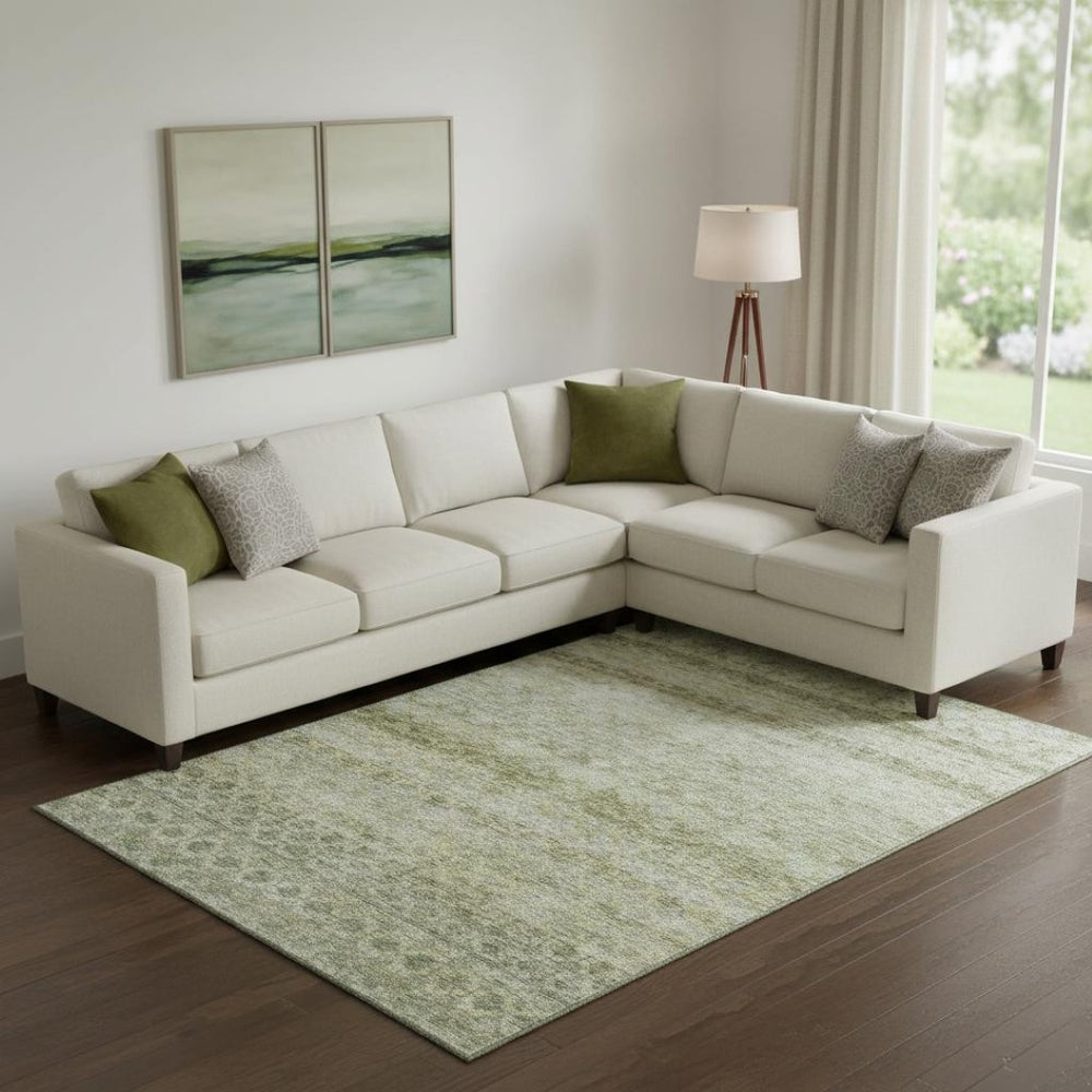 HomeRoots 9' X 12' Striped Area Rug in Artichoke Green, Gray & Beige - Washable, UV Protected & Stain Resistant! 688062