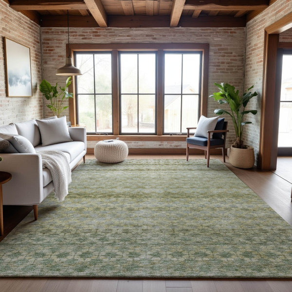 HomeRoots 9' X 12' Striped Area Rug in Artichoke Green, Gray & Beige - Washable, UV Protected & Stain Resistant! 688062