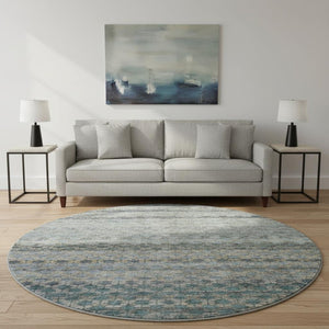 HomeRoots 8' Stylish Blue Gray and Beige Striped Washable Round Rug with UV Protection for High Traffic Areas 688066