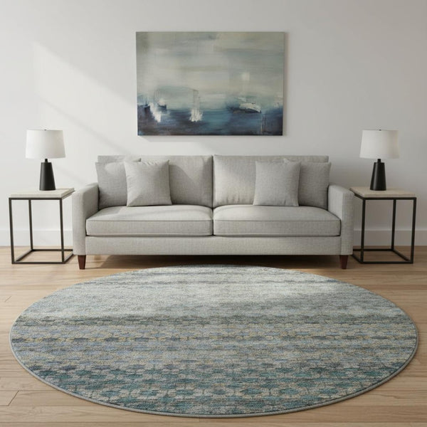 HomeRoots 8' Stylish Blue Gray and Beige Striped Washable Round Rug with UV Protection for High Traffic Areas 688066