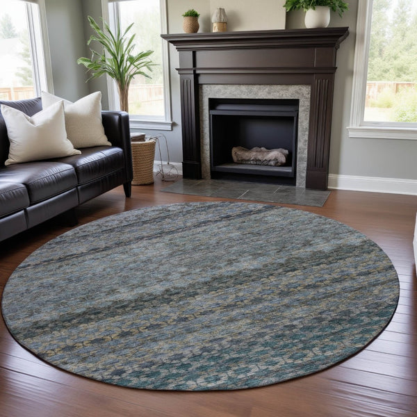 HomeRoots 8' Stylish Blue Gray and Beige Striped Washable Round Rug with UV Protection for High Traffic Areas 688066