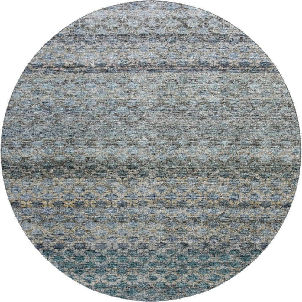 HomeRoots 8' Stylish Blue Gray and Beige Striped Washable Round Rug with UV Protection for High Traffic Areas 688066
