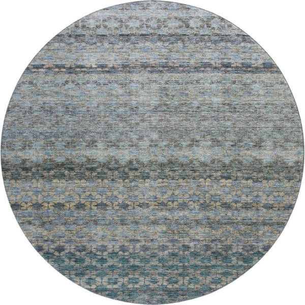 HomeRoots 8' Stylish Blue Gray and Beige Striped Washable Round Rug with UV Protection for High Traffic Areas 688066