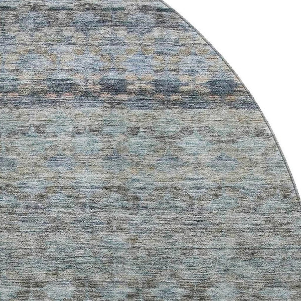 HomeRoots 8' Stylish Blue Gray and Beige Striped Washable Round Rug with UV Protection for High Traffic Areas 688066