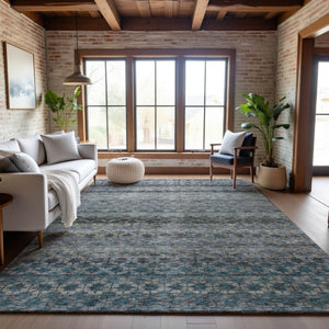 HomeRoots 9' X 12' Striped Blue-Gray and Beige Washable Area Rug with UV Protection for High-Traffic Spaces 688068