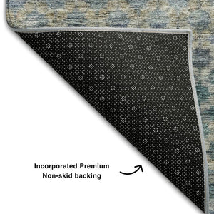 HomeRoots 9' X 12' Striped Blue-Gray and Beige Washable Area Rug with UV Protection for High-Traffic Spaces 688068