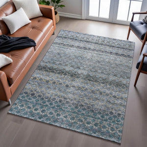 HomeRoots 9' X 12' Striped Blue-Gray and Beige Washable Area Rug with UV Protection for High-Traffic Spaces 688068