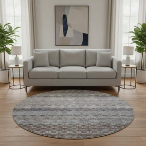HomeRoots 8' Striped Washable Round Rug in Brown, Gray & Blue – Durable, UV-Protected, Easy-Care Design! 688072