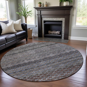 HomeRoots 8' Striped Washable Round Rug in Brown, Gray & Blue – Durable, UV-Protected, Easy-Care Design! 688072