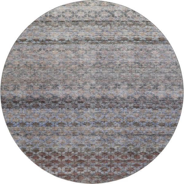 HomeRoots 8' Striped Washable Round Rug in Brown, Gray & Blue – Durable, UV-Protected, Easy-Care Design! 688072