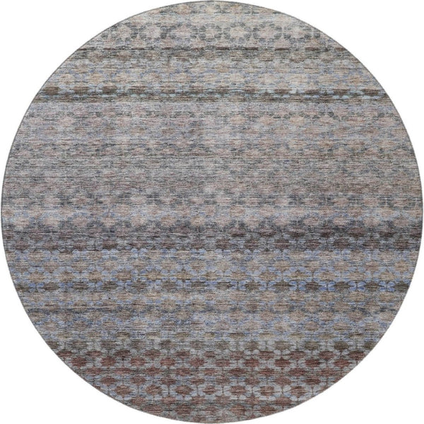 HomeRoots 8' Striped Washable Round Rug in Brown, Gray & Blue – Durable, UV-Protected, Easy-Care Design! 688072