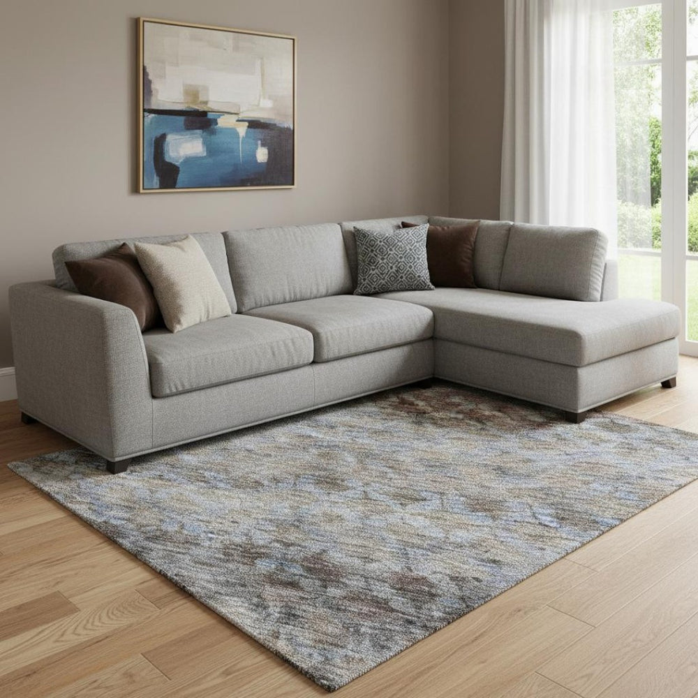 HomeRoots 8' X 10' Stylish Brown Gray and Blue Striped Washable Area Rug with UV Protection for Everyday Use 688073