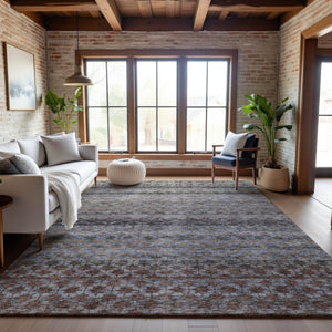 HomeRoots 10' X 14' Washable Area Rug - Stylish Brown, Gray & Blue Stripes with UV Protection for Homes 688075