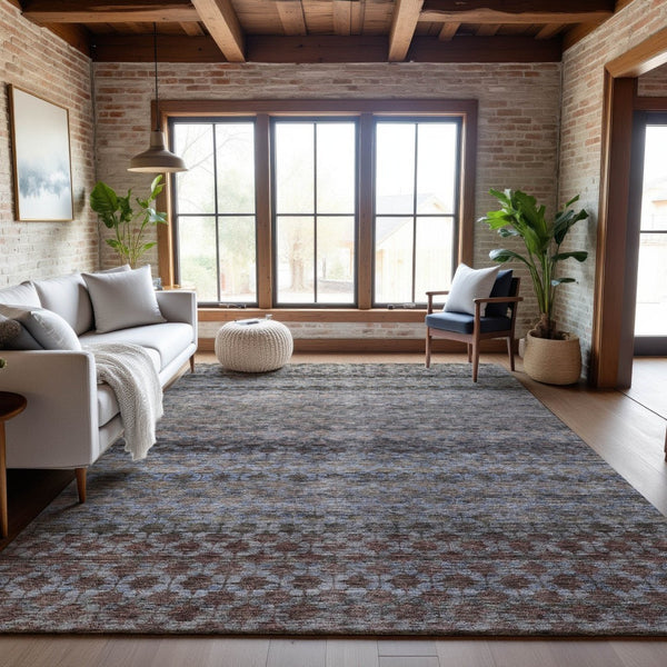 HomeRoots 10' X 14' Washable Area Rug - Stylish Brown, Gray & Blue Stripes with UV Protection for Homes 688075