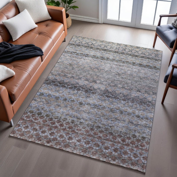 HomeRoots 10' X 14' Washable Area Rug - Stylish Brown, Gray & Blue Stripes with UV Protection for Homes 688075