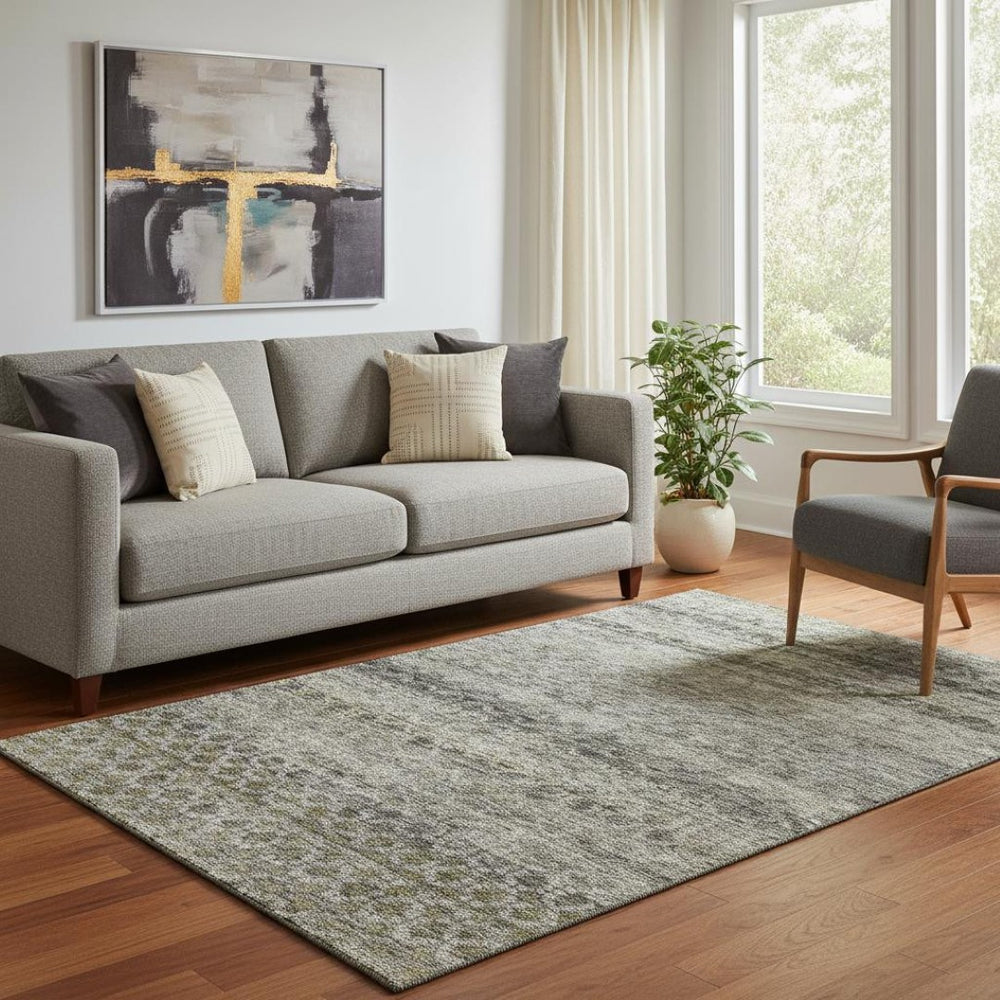 HomeRoots 5' X 8' Striped Washable Area Rug in Pewter, Olive Green & Silver – Stain Resistant & UV Protected 688077
