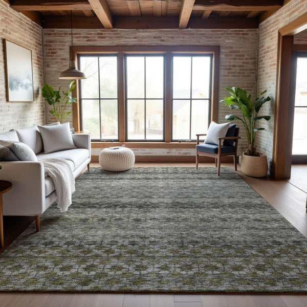 HomeRoots 5' X 8' Striped Washable Area Rug in Pewter, Olive Green & Silver – Stain Resistant & UV Protected 688077