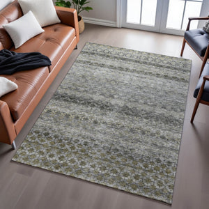 HomeRoots 5' X 8' Striped Washable Area Rug in Pewter, Olive Green & Silver – Stain Resistant & UV Protected 688077