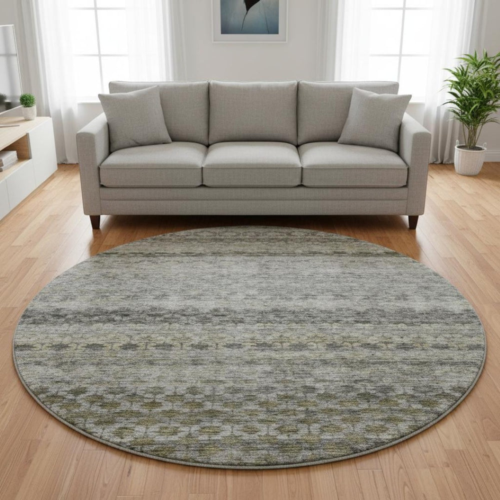 HomeRoots 8' Stylish Washable Round Rug in Pewter, Olive Green & Silver Stripes - UV Protected & Durable Design 688078