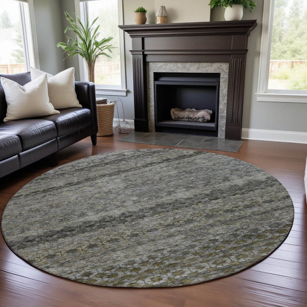 HomeRoots 8' Stylish Washable Round Rug in Pewter, Olive Green & Silver Stripes - UV Protected & Durable Design 688078