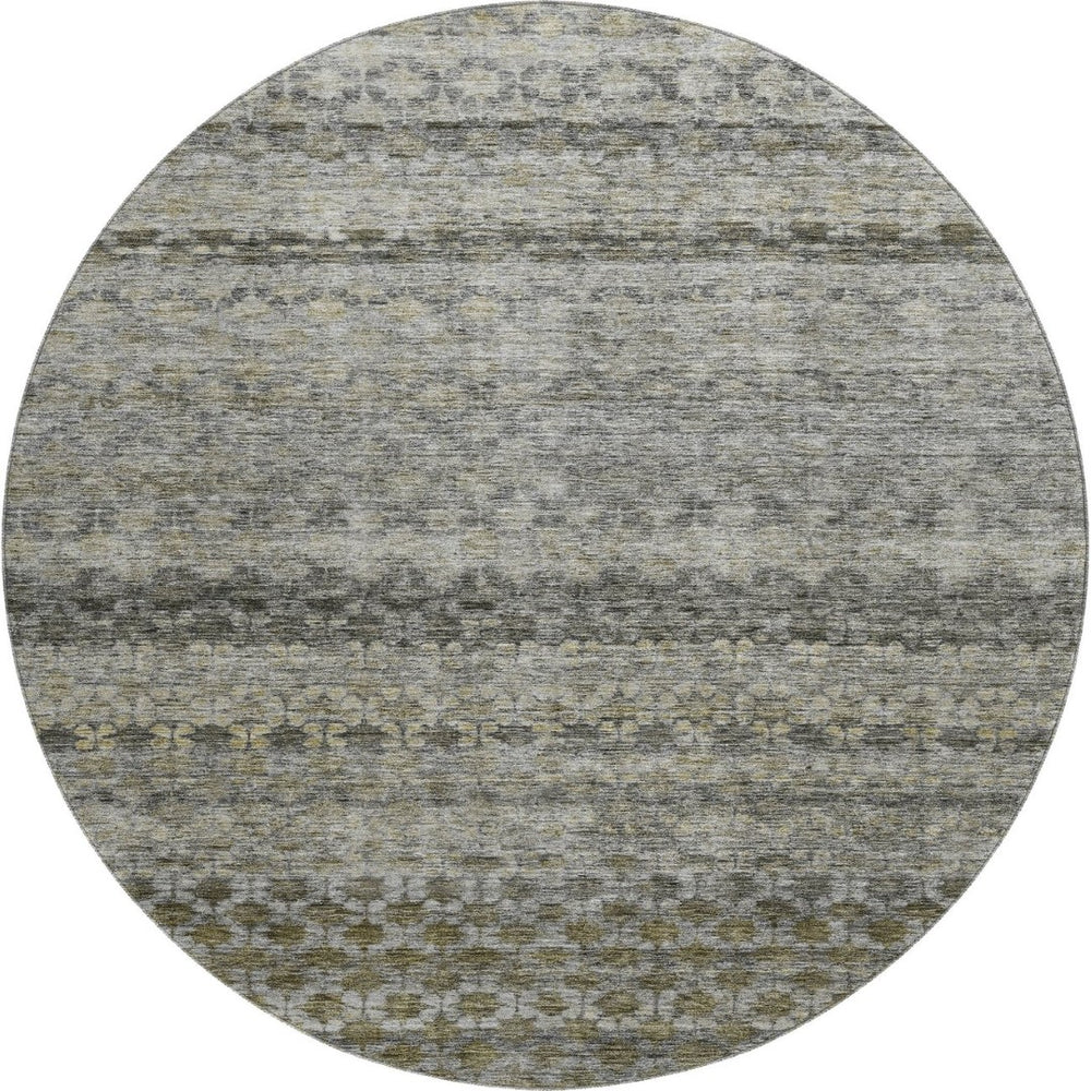 HomeRoots 8' Stylish Washable Round Rug in Pewter, Olive Green & Silver Stripes - UV Protected & Durable Design 688078